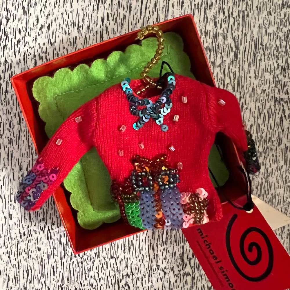 Michael Simon Hand Beaded Holiday Ornament, Ugly Christmas Sweater, Cute, Kistch